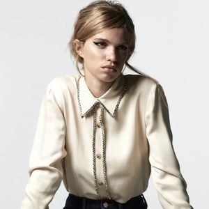 Zara Satin Shirt with Rhinestone Detail Size S